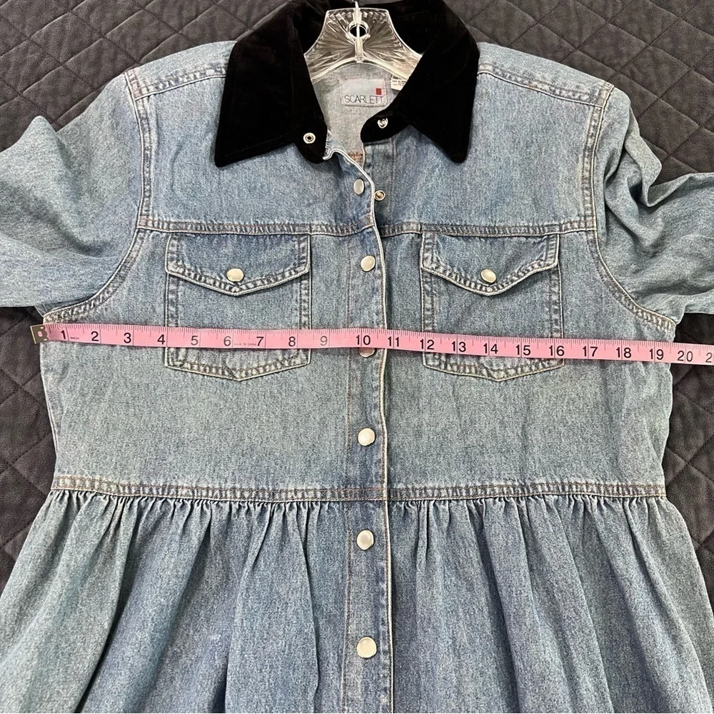 Scarlett Chambray Dress Women’s Size 12 Western Velvet Trim Pearl Snap Rodeo EE